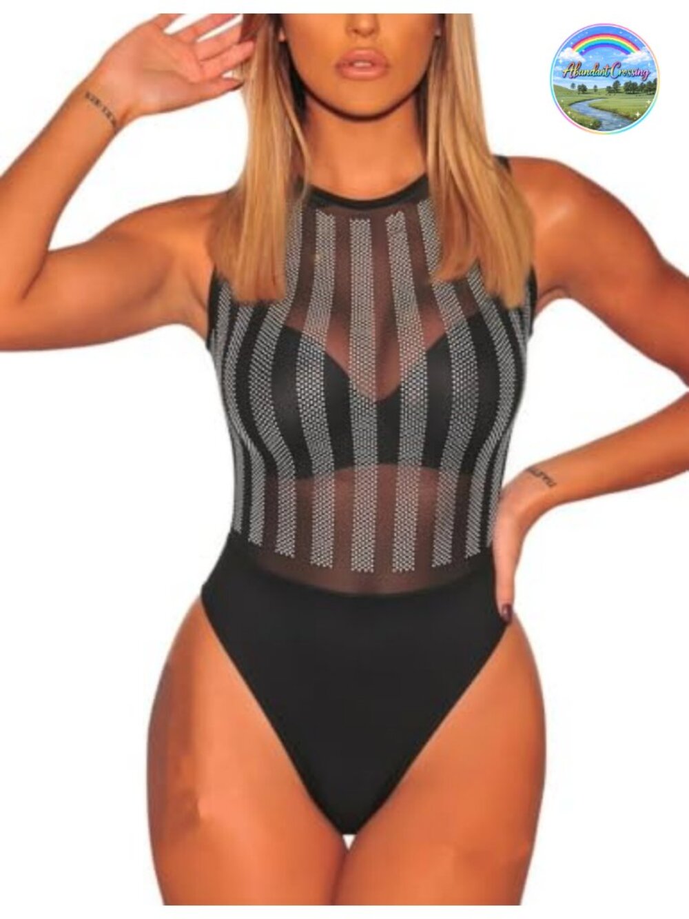 Rhinestone Sheer Mesh Sleeveless Bodysuit Crew Neck Bodysuit Top